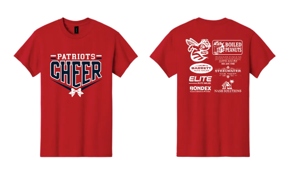 Two red T-shirts show the front and back. The front has "Patriots Cheer" and a star. The back has logos and text.