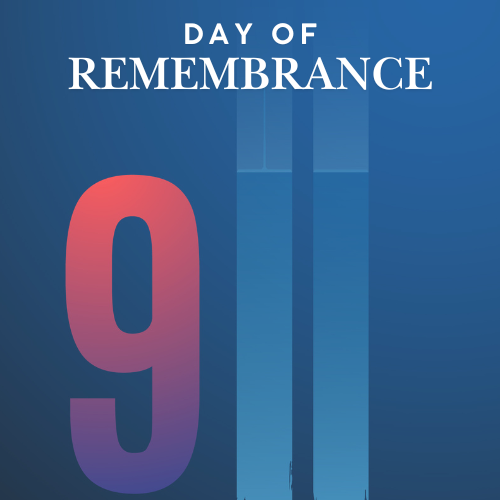 Blue background with two vertical blue bars. The words "Day of Remembrance" are above the bars.