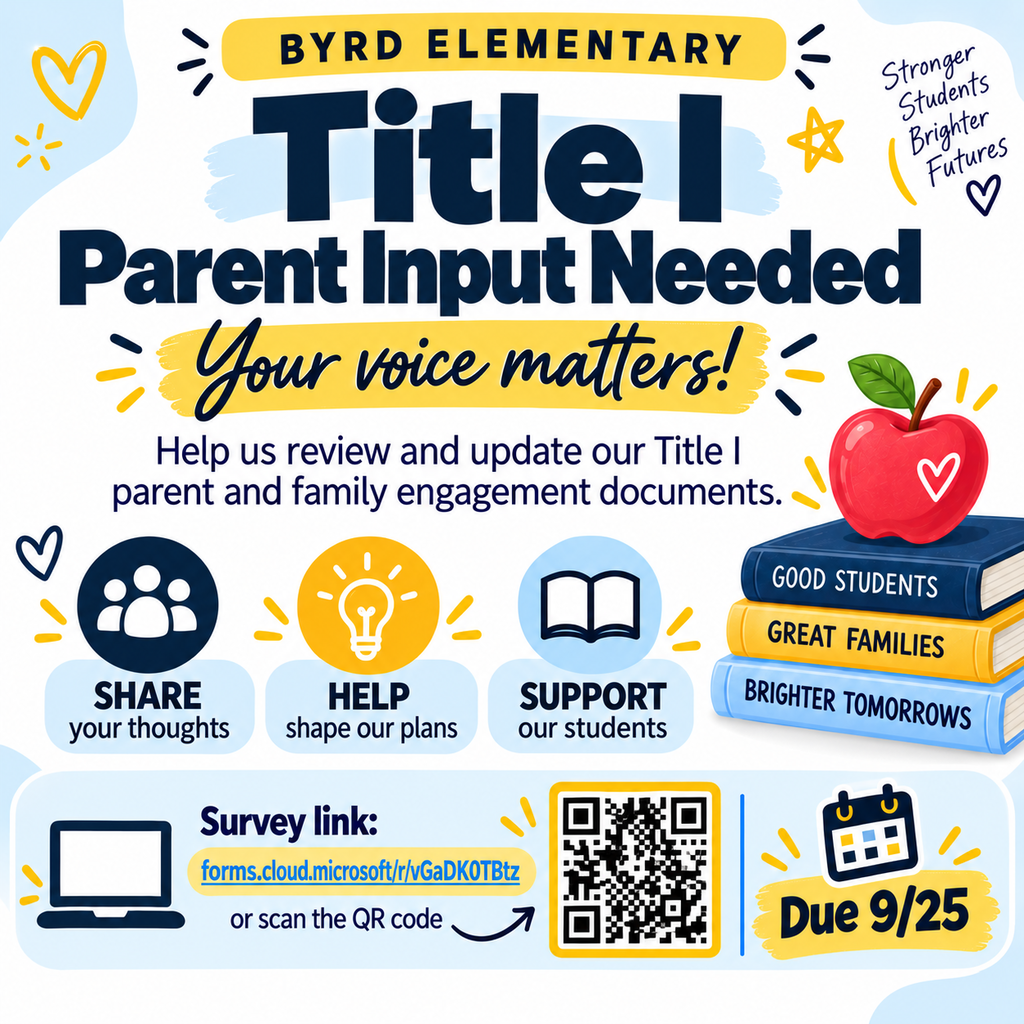 This is a flyer to share that Byrd Title 1 Parent Input is needed.  There is a QR code and a link to fill out the survey.  It is due by September 25th.  This is an opportunity to share your thoughts, help shape plans, and support our students.  