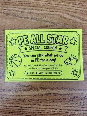 Yellow card displays "PE All Star Special Coupon" with stars. Icons include a basketball, whistle. Text mentions choosing an activity in PE.