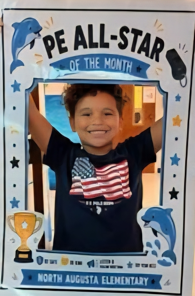 A child with curly hair holds a photo frame. The frame features stars, dolphins, and "PE ALL-STAR OF THE MONTH" text.
