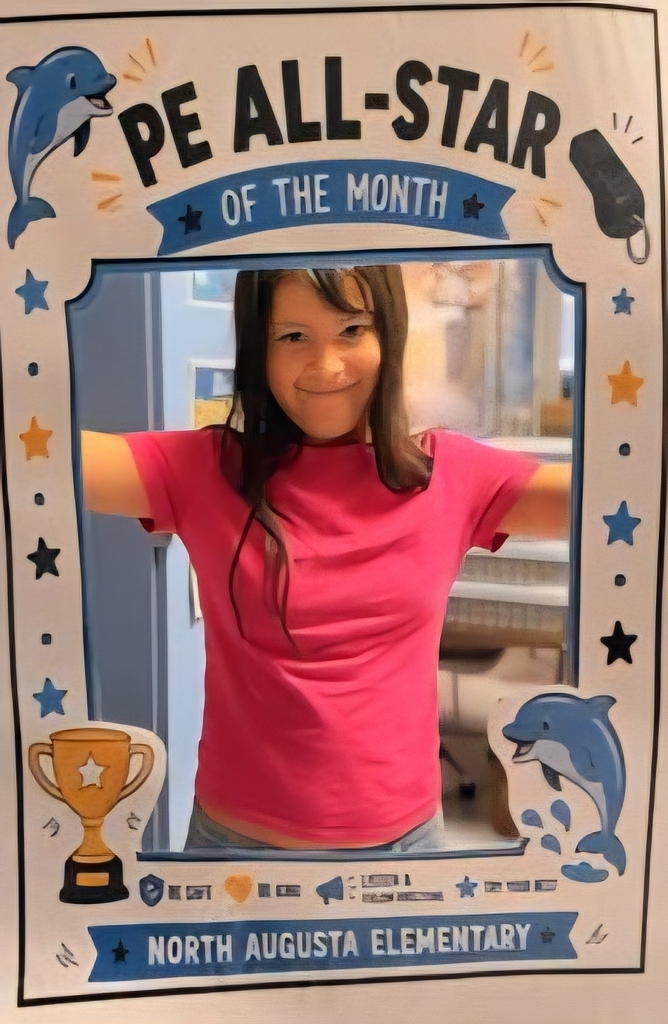 A girl in a pink shirt standing in a photo booth. Text reads "PE All-Star of the Month."