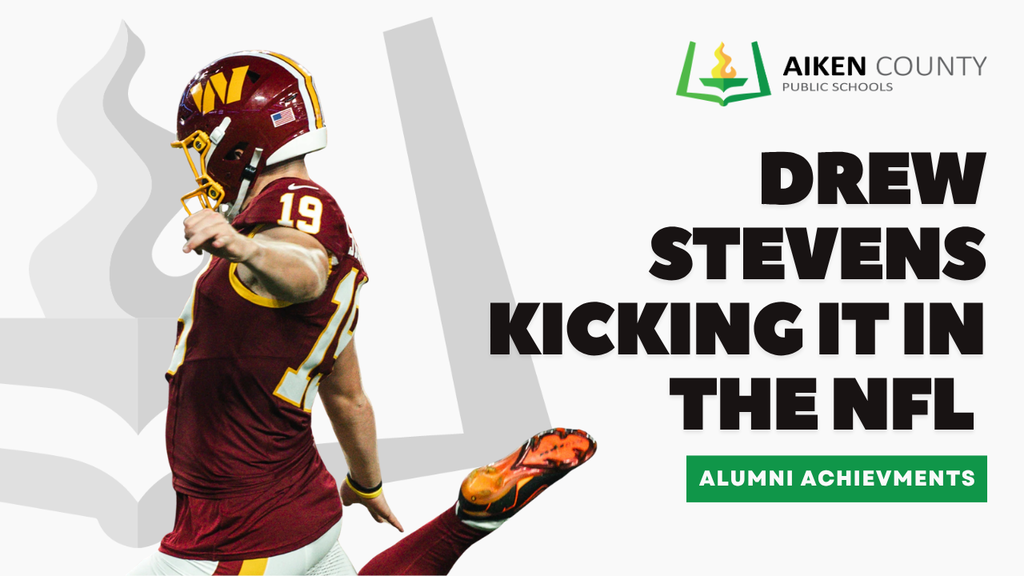 A football player in a maroon jersey, helmet, and cleats kicking a ball. Text reads "Drew Stevens Kicking It in the NFL".