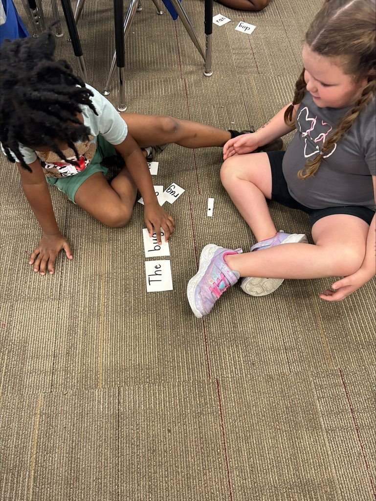 Two students are placing word flash cards into sentence order.
