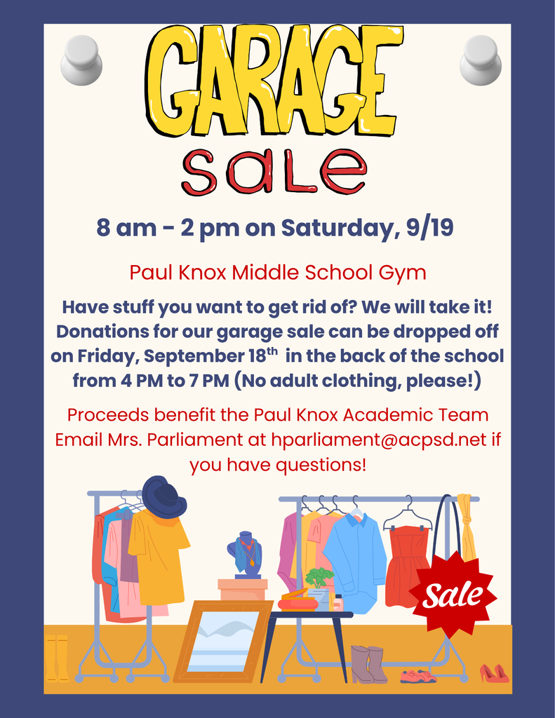 A poster shows clothes on hangers, a hat, and a plant. Text reads "Garage Sale 8 am - 2 pm" on a blue background.
