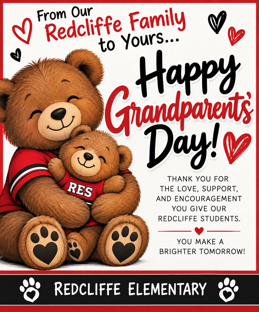 Card features a bear and cub wearing red shirts with the message, "Happy Grandparents' Day!" from Redcliffe Elementary.