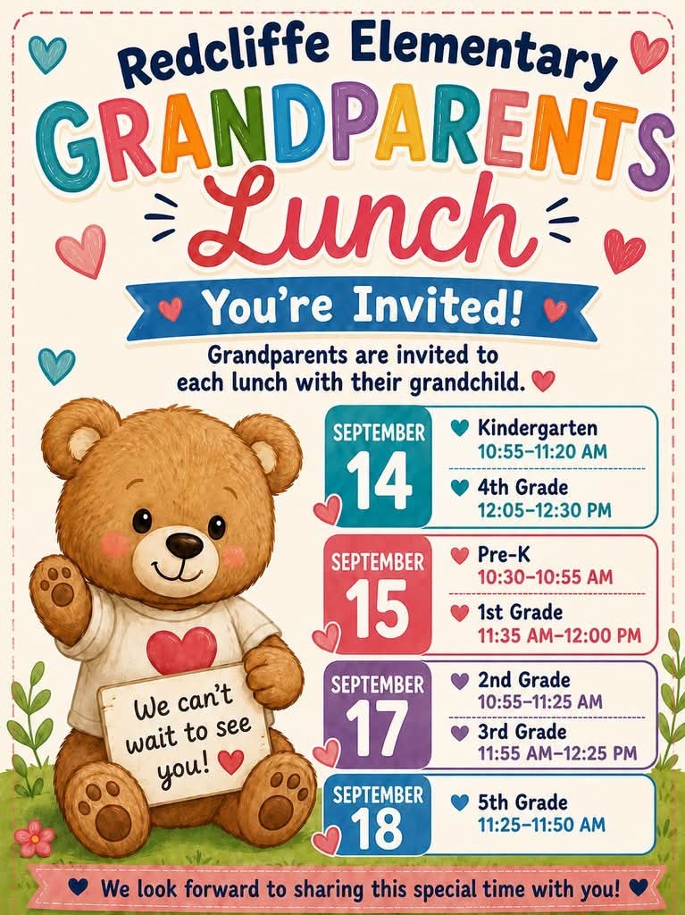 Invitation card featuring a teddy bear holding a sign. Dates and times for Grandparents Lunch are listed, along with the grades.
