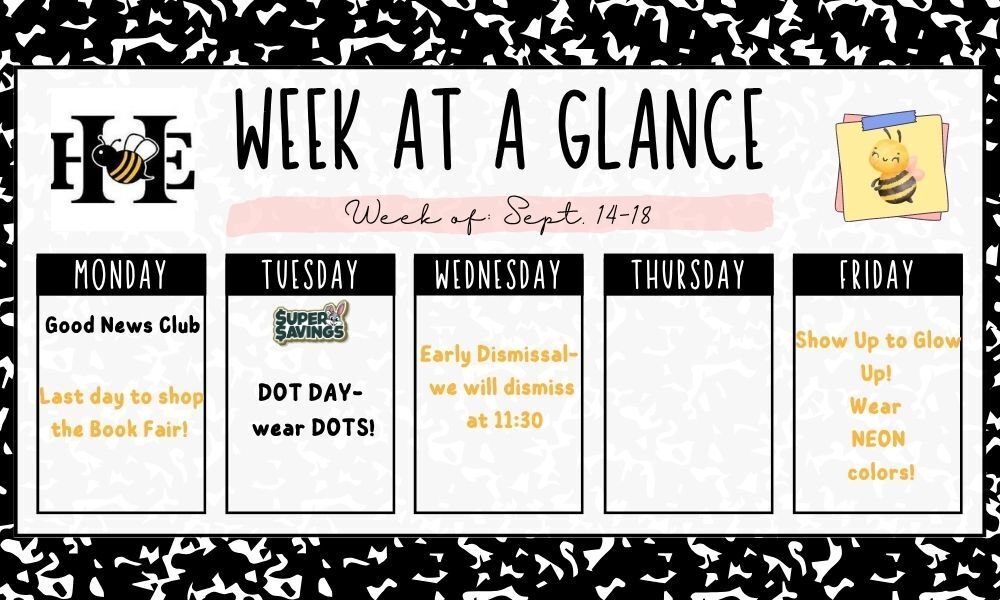A weekly schedule on a black and white background. It includes days of the week, event names, and times.