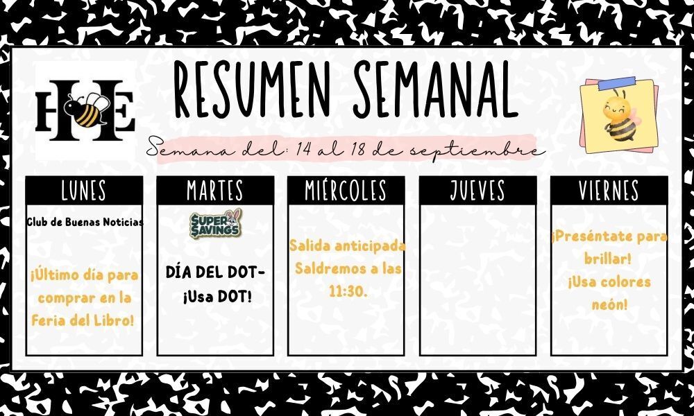 Black and white lined page with "RESUMEN SEMANAL" at top, days of the week below, and activities listed.