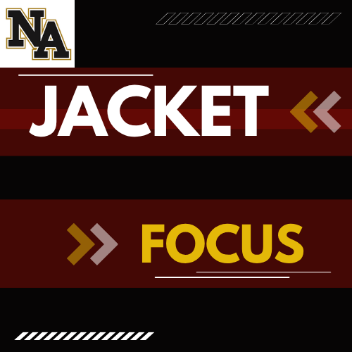 Two banners with white and red borders, "Jacket" and "Focus" in bold, white, and yellow text.