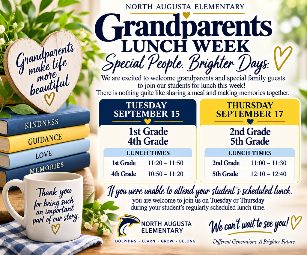 Poster features event details and schedule for Grandparents Lunch Week. Heart-shaped sign, books, and a coffee cup.
