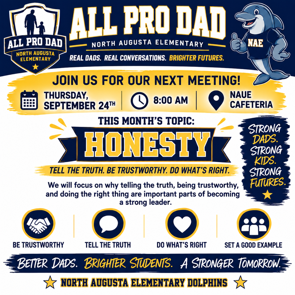 A blue, yellow, and white poster advertises an event titled "All Pro Dad" featuring a dolphin. It lists a date, time, and location.