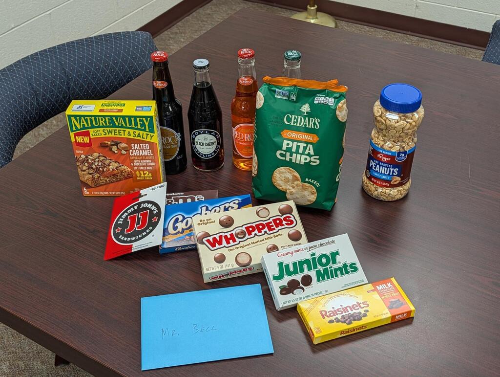 gift for mr. bell it tech for it professionals day including snacks and candy and drinks