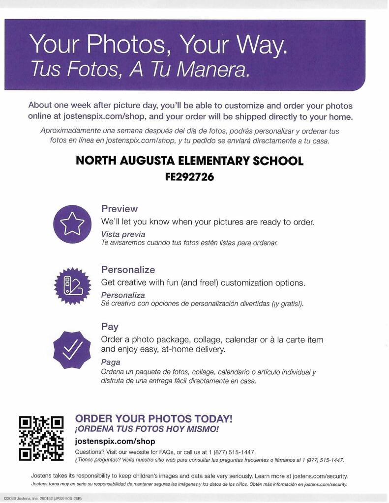 Promotional flyer for North Augusta Elementary School photo orders. Text in Spanish and English. Options for preview, personalization, and payment. QR code.