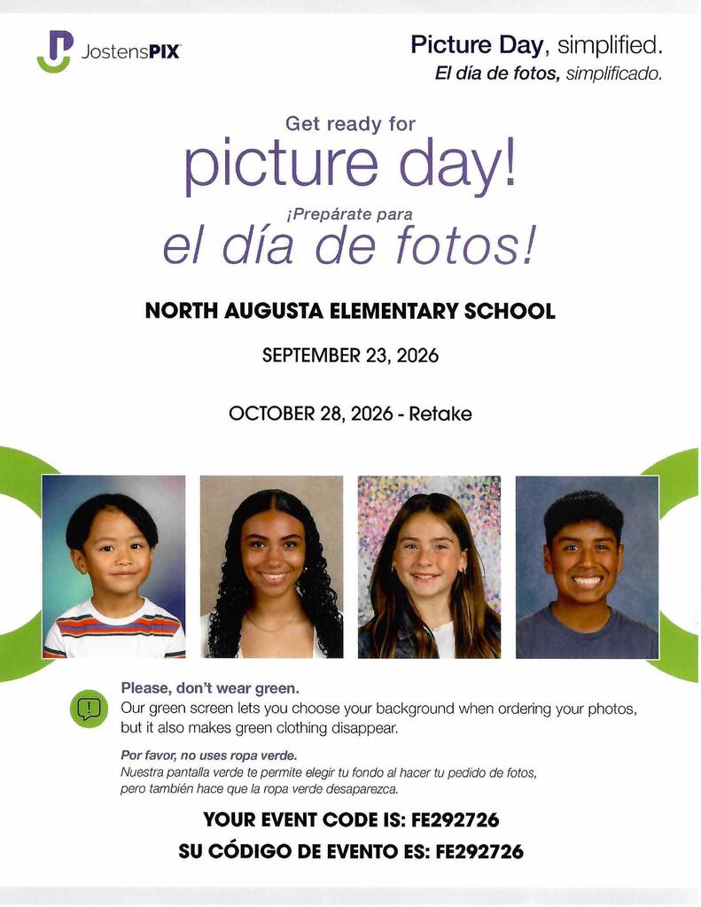 School flyer with a title "Get ready for picture day!" and Spanish title below. Four students' faces, each with a green background.