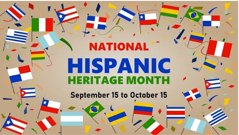 A poster features a variety of flags from different nations, and celebratory confetti. Text reads "National Hispanic Heritage Month, September 15 to October 15".