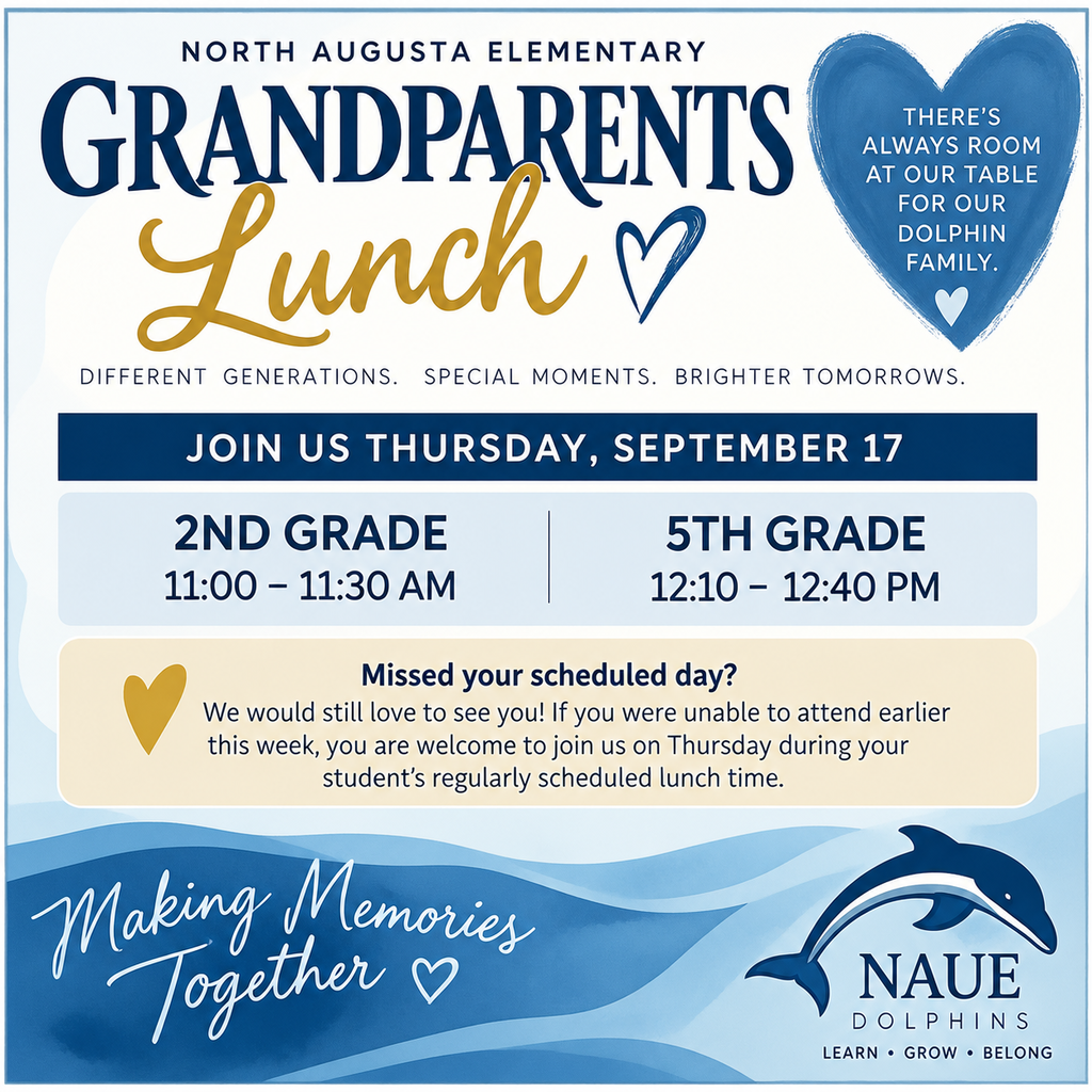 An event invitation with a dolphin logo, text "Making Memories Together", and information about Grandparents Lunch.