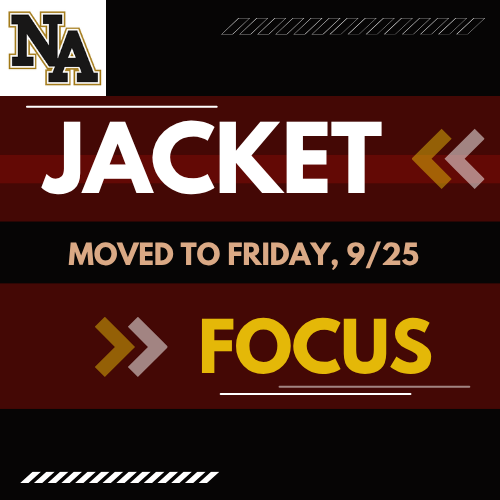 A black and red banner displays text in white. "JACKET" and "FOCUS" are prominent. The event date "FRIDAY, 9/25" is shown below "JACKET".