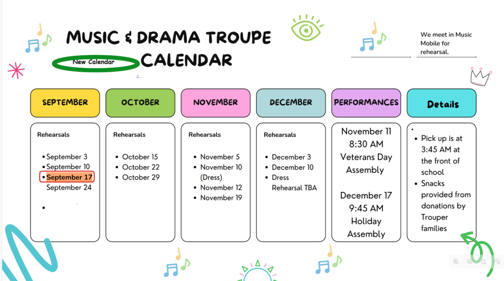 Music and Drama Troupe Calendar