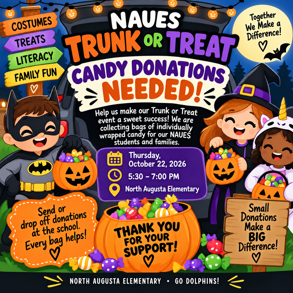 A colorful poster shows kids in costumes holding pumpkins. Text reads "NAUES TRUNK OR TREAT CANDY DONATIONS NEEDED!" It includes a map, date, and contact info.