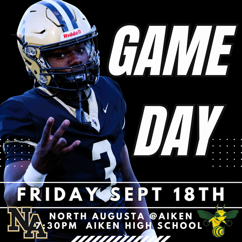 A football player in uniform stands on a black background. The text reads "Game Day Friday, Sept 18th" with a school logo.