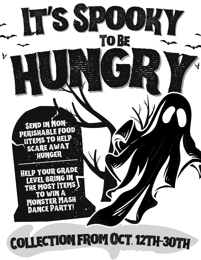 A Halloween themed poster with a ghost, tombstone, and text encouraging food donations to help fight hunger.