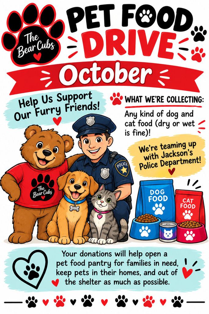 An advertisement for Pet Food Drive in October, featuring a cartoon police officer, a dog, a cat, and a bear.