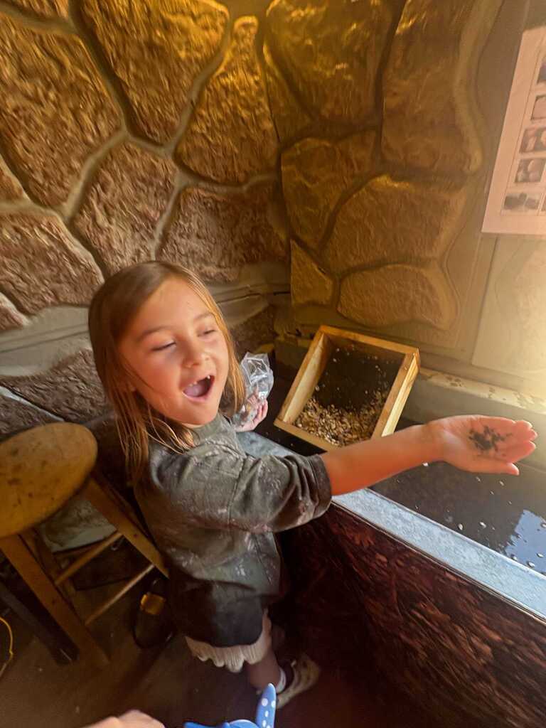 A child holds a bug, laughing. Stone walls, a wooden stool, and a box of bugs are in the background.