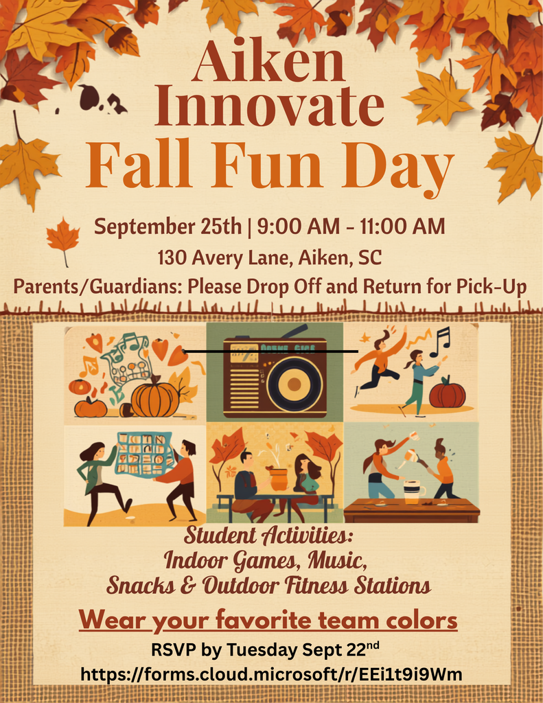 An event flyer for Aiken Innovate Fall Fun Day. It includes images of children playing games and autumn elements.