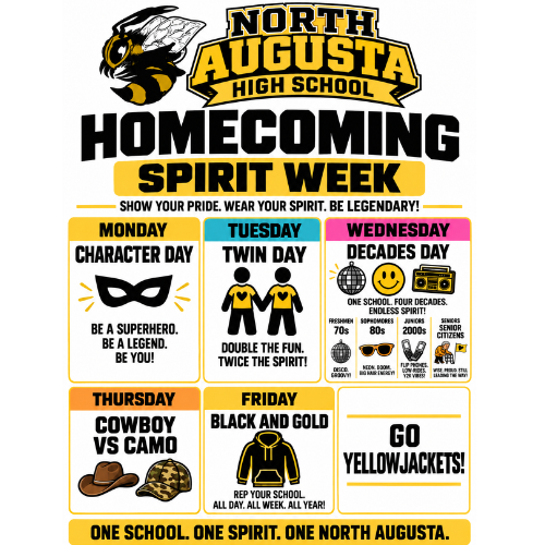 Weekly poster for North Augusta High School's Homecoming Spirit Week. Five days of themed dress are outlined.