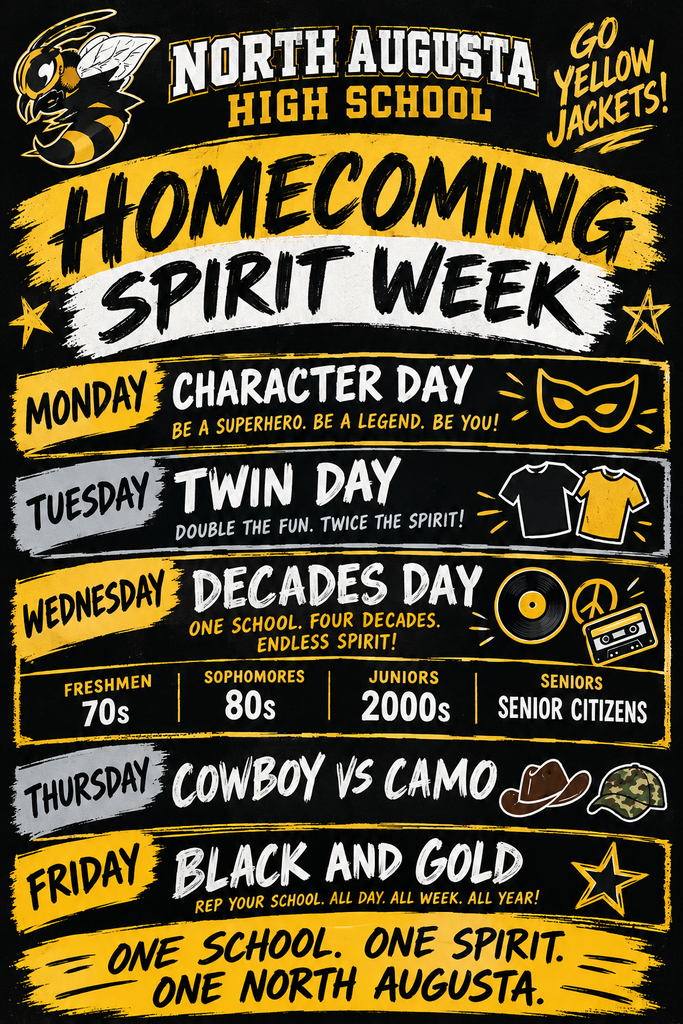 Poster for North Augusta High School's Homecoming Spirit Week, featuring days themed as Character Day, Twin Day, Decades Day, and Cowboy vs. Camo.
