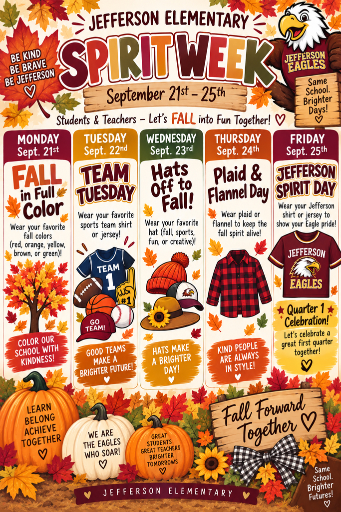 A flyer with fall colors, pumpkins and leaves provides dates for Spirit Week.