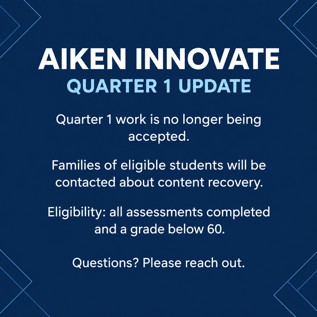 A blue background displays white text: "AIKEN INNOVATE QUARTER 1 UPDATE". It reads: "Quarter 1 work is no longer being accepted."