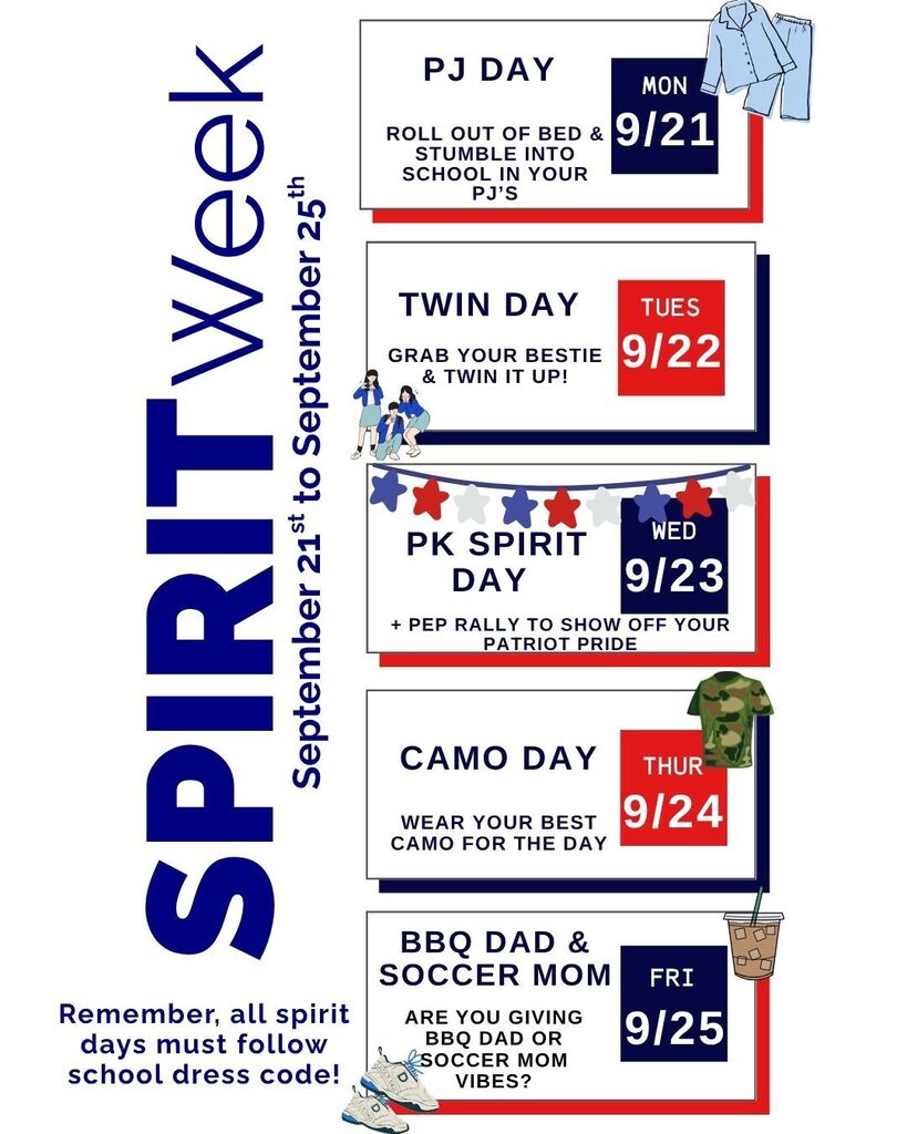 Poster with "Spirit Week" title. Dates September 21 to 25 listed. Each day has an event name and description.