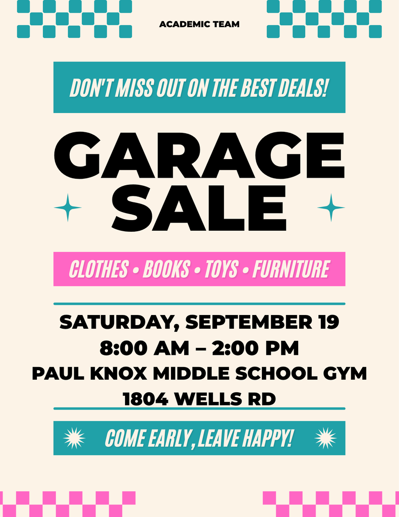 Garage sale announcement with a checkerboard background. Items include clothes, books, toys, and furniture. Date: September 19, time 8 AM to 2 PM at Paul Knox Middle School Gym.