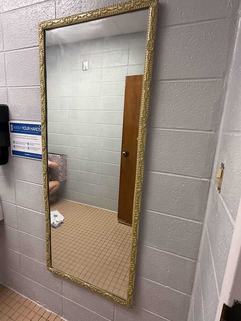 Large mirror with gold trim on a bathroom wall. Tiled floor. Light gray walls. A wooden door in the reflection.