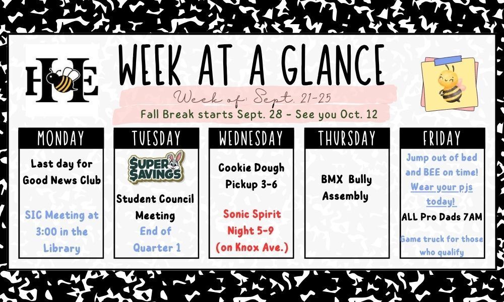 Weekly calendar with black and white pattern background. Title reads "Week at a glance". Dates range from Monday to Friday.