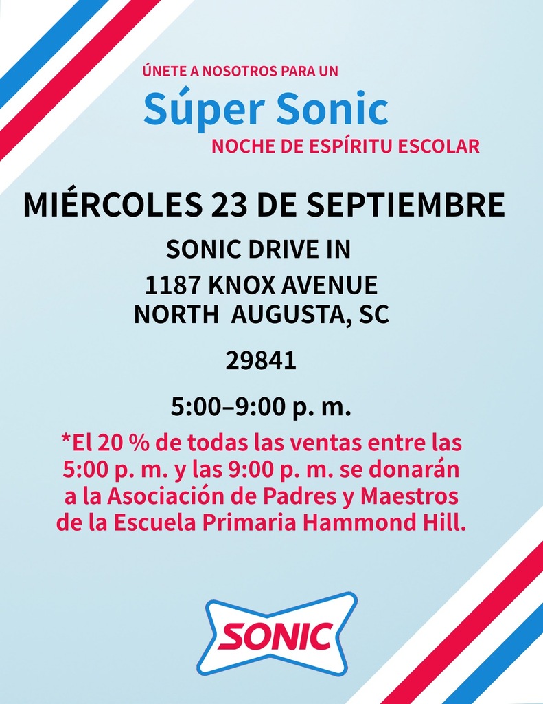 Blue, red, and white poster promoting "Super Sonic" event on Wednesday, September 23rd. Location: 1187 Knox Avenue, North Augusta, SC. Time: 5:00-9:00 pm. Donation of 20% from sales for Hammond Hill Primary School.