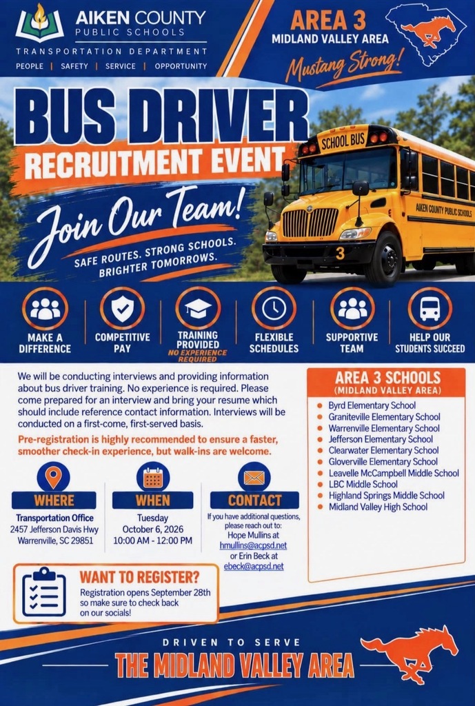 A poster for a bus driver recruitment event. It features a yellow school bus on a road. Text reads "BUS DRIVER RECRUITMENT EVENT."