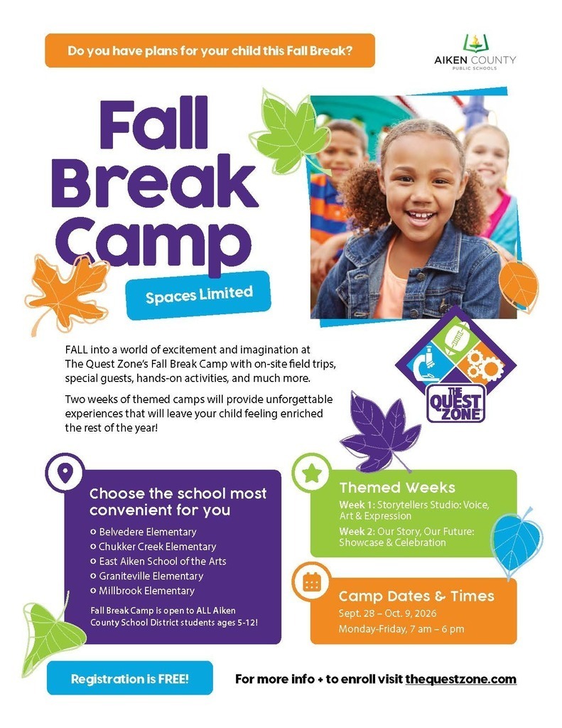 Fall Break Camp flyer displays a smiling girl, autumn leaves, and text about themed activities, school choice, and limited spaces.