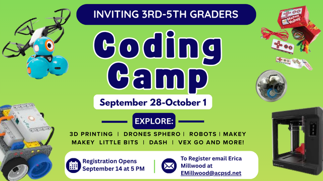 Green poster with "Coding Camp" in large blue letters. Various images include a drone, robot, 3D printer, and more. Text invites 3rd-5th graders.