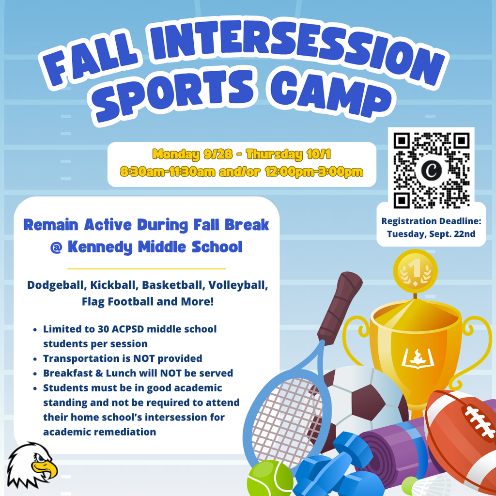 Poster with blue and white background. A sports camp is advertised with a variety of sports equipment.