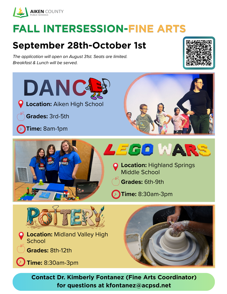An event poster with three options for activities: Dance at Aiken High, Lego Wars at Highland Springs Middle, and Pottery at Midland Valley High.