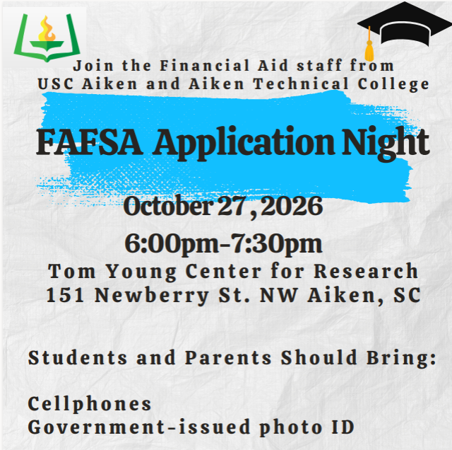 An event flyer with blue and white text on a white background. It reads: "FAFSA Application Night, October 27, 2026, 6:00pm-7:30pm."