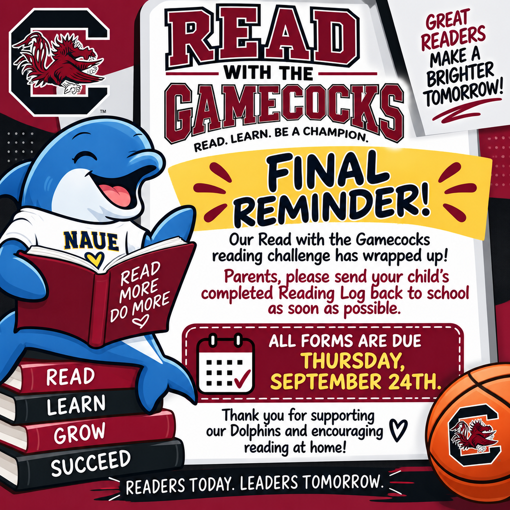 A flyer features a dolphin holding a book and text about a reading challenge. Deadline is September 24th.
