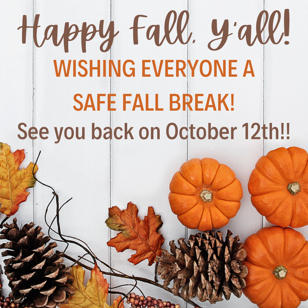 White background with autumn leaves, pine cones, and pumpkins. Text reads: "Happy Fall, y'all! Wishing everyone a safe fall break! See you back on October 12th."