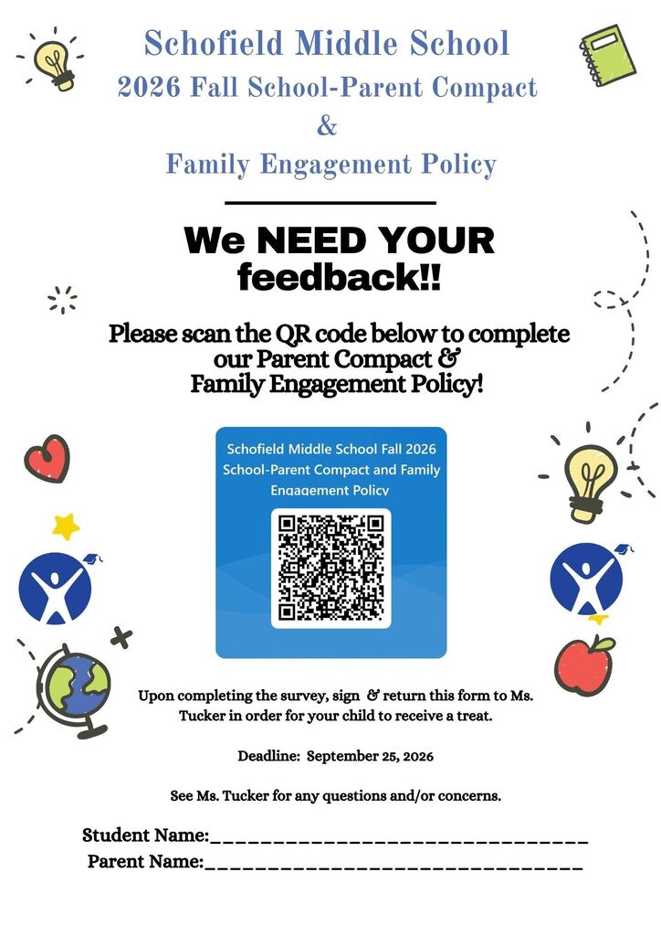 Flyer with a white background containing a globe, heart, apple and light bulb border