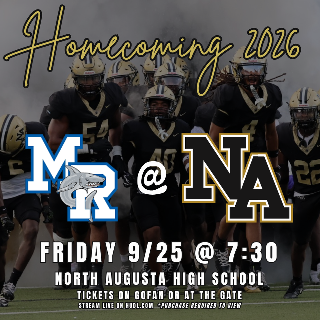 A football team in black uniforms with gold helmets stands on a field. "Homecoming 2016" is written in gold.