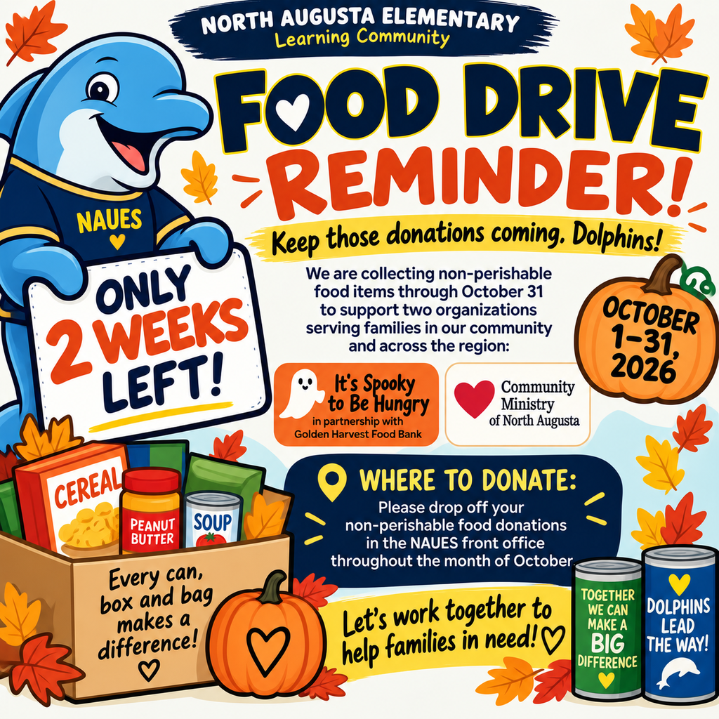 A flyer with a dolphin mascot reads "Food Drive Reminder!" and lists non-perishable food donations.