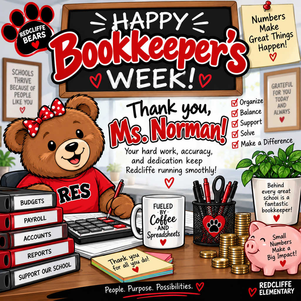 A cartoon illustration of a bear in a red shirt sits at a desk with a calculator and coffee mug.